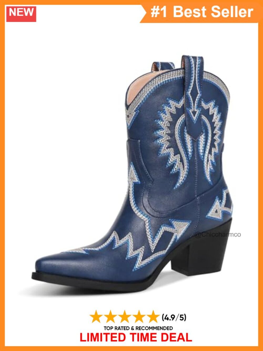 Western Ankle Cowboy Boots Pointed Toe Chunky Heel Embroidery Wide Calf